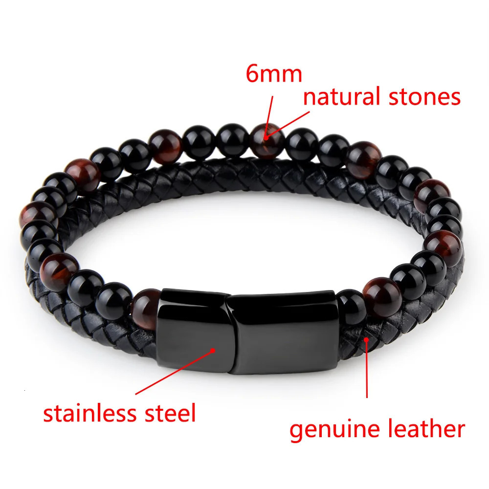 Natural stone bracelet genuine leather woven bracelet black stainless steel magnetic buckle tiger eye bracelet mens jewelry 250428