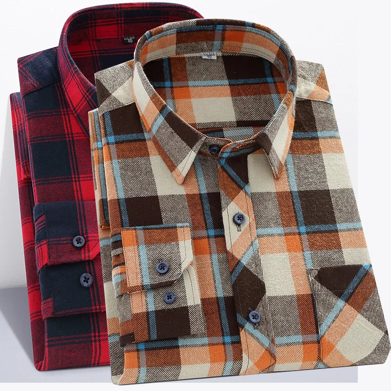 6XL mens long sleeved 100 pure cotton plaid autumn and winter wool largesized highquality slim casual clothing fashionable 250427