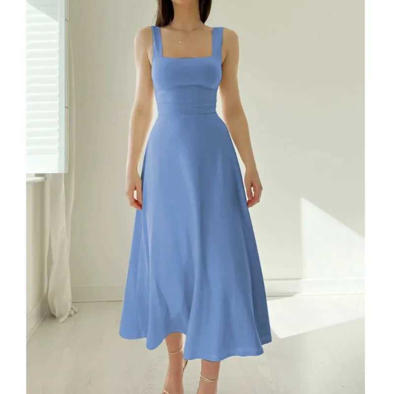 2025 Womens Summer Dress Square Collar New Thick Shoulder Strap Ultra Thin Waist Dress Pure Elegant Womens Tank Top W250430