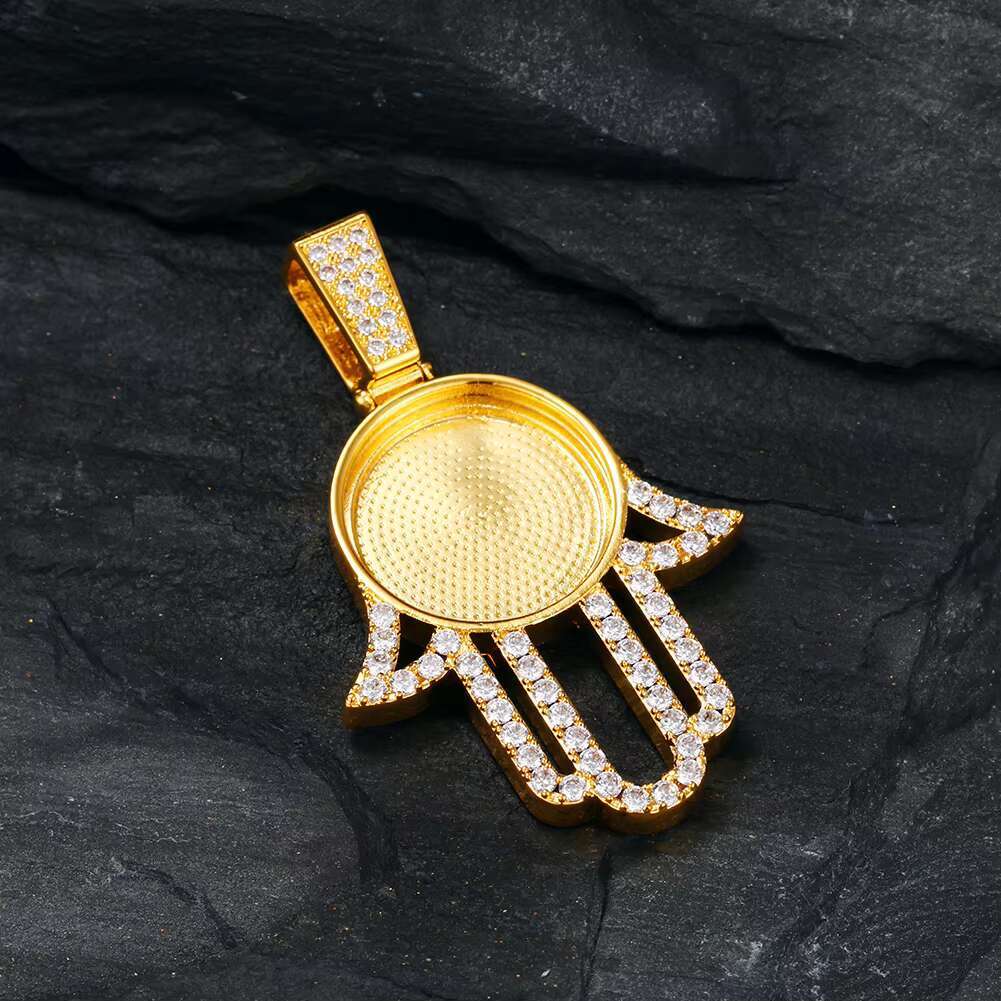 Memory Jewelry 32mm Gold Plated Brass AAAAA CZ Diamond Iced Out Hamsa Hand Custom Picture Necklace Pendant With Chain