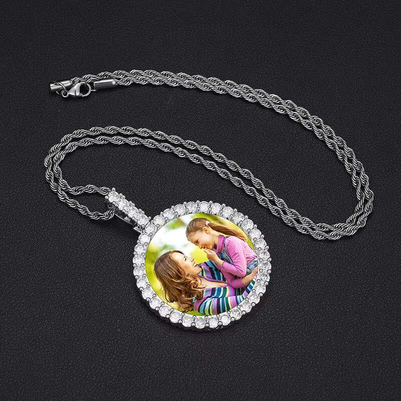 Memorial Picture Necklace Jewelry 42mm Real Gold Plated Brass AAAAA CZ Diamond Round Custom Photo Pendant With Chain