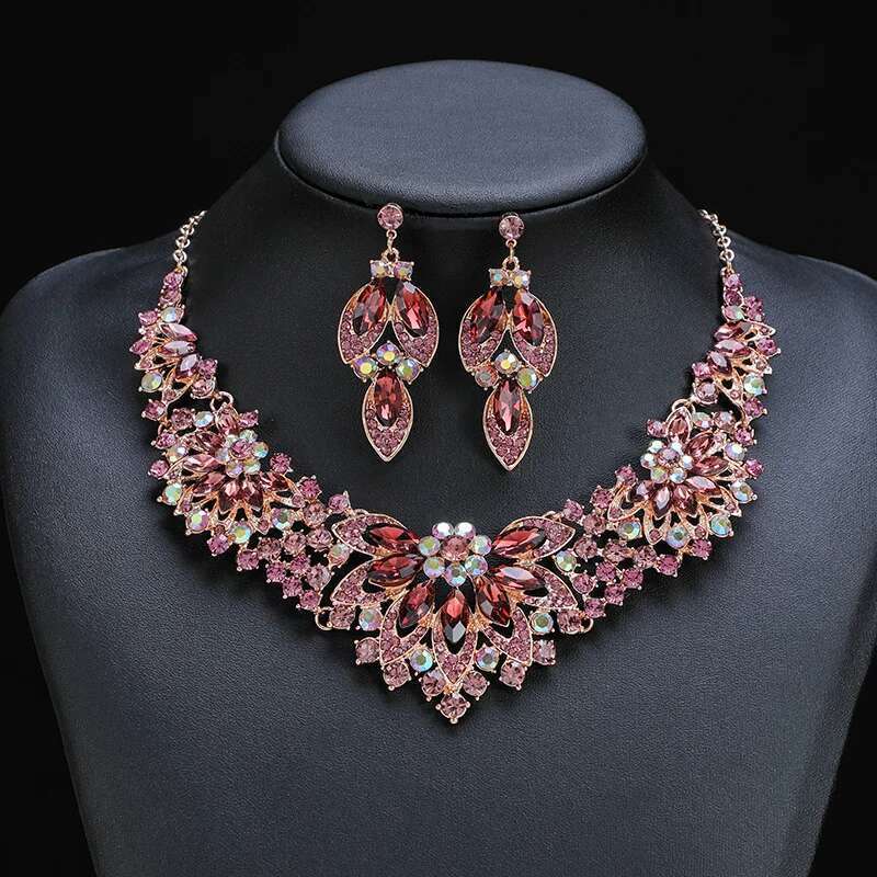 KMVEXO Exquisite Leaves Green Crystal Sets For Women Wedding Party Jewelry Accessories Stud Earrings & Necklace Set Gift