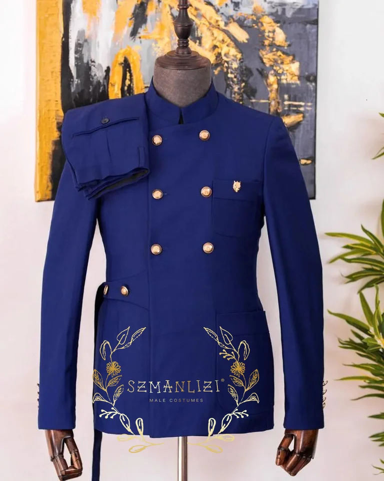 Formal mens 2piece jacket pants full set double chest frame collar blue custom clothing 250428