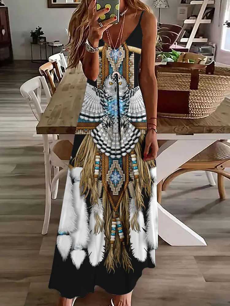 2024 new 3D owl retro printed sleeveless vest for women with tribal pattern spaghetti shoulder strap dress summer long loose vest W250430
