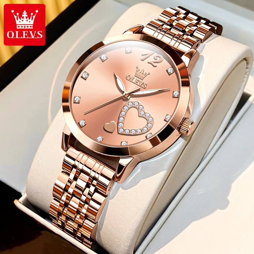 OLEVS Japanese Quartz Womens Watch Stainless Steel Bracelet Love Dial Fashionable and Elegant Waterproof Luminous Quartz Womens Watch 250425