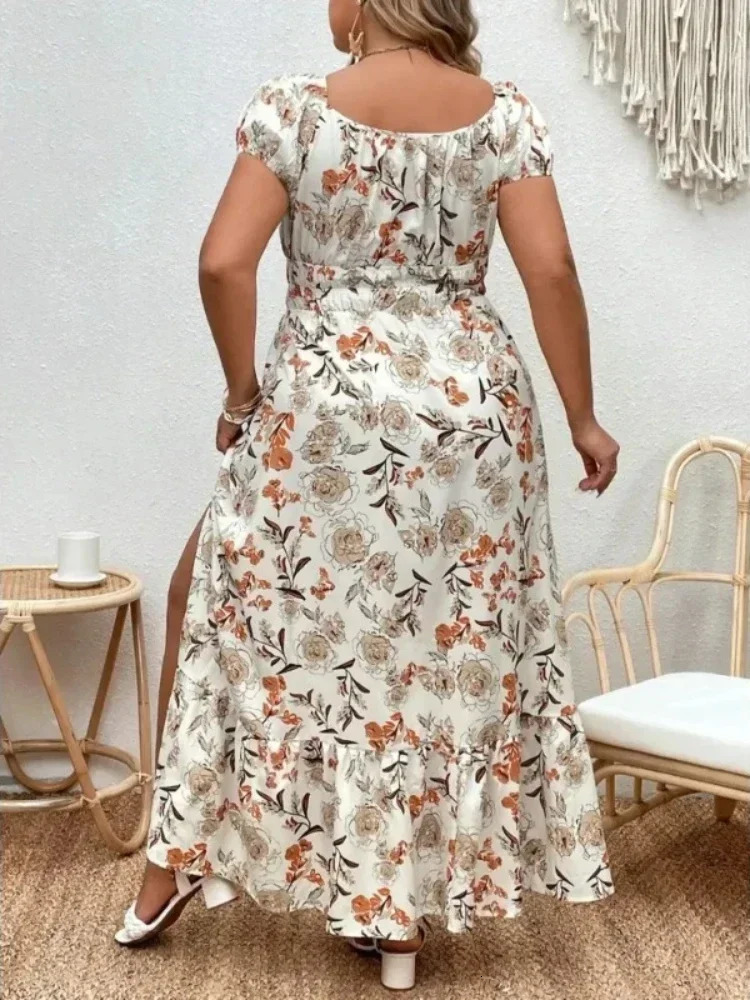 Suitable for outdoor white floral casual dress plus size womens floral elegant loose summer outfit fob 250425