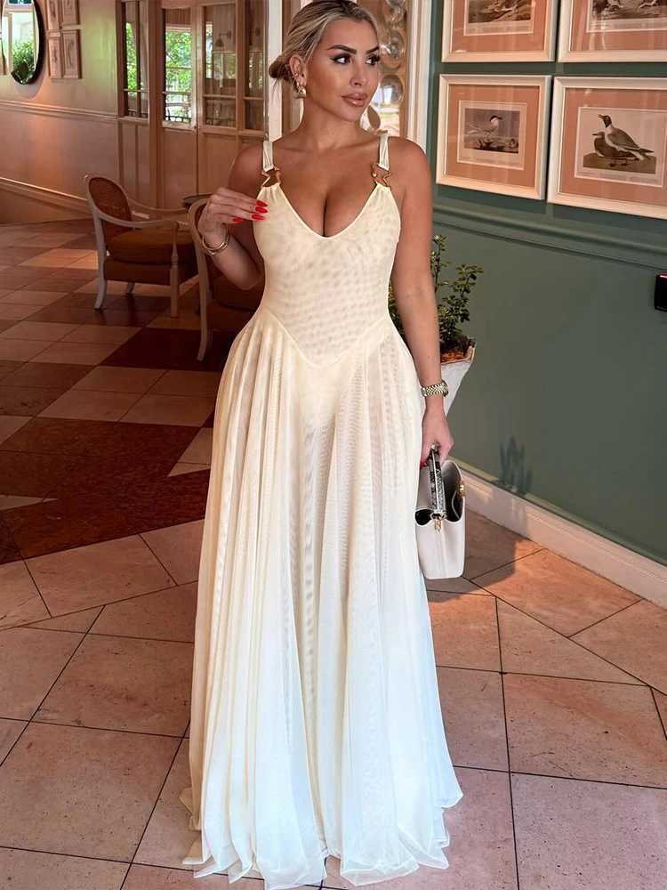 Nebo Holiday Womens Mesh Double V-neck Metal Buckle Summer Trend Banquet Birthday Elegant Wedding Maxi Bodycon W250430