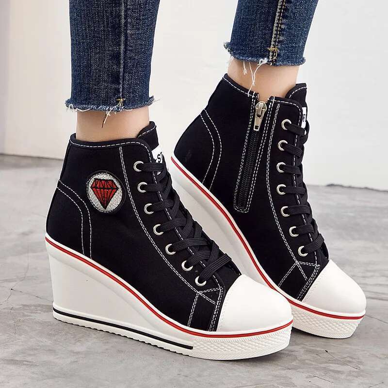 Spring and autumn heightened thick sole high-top solid color canvas casual large-size waterproof platform flat women shoes