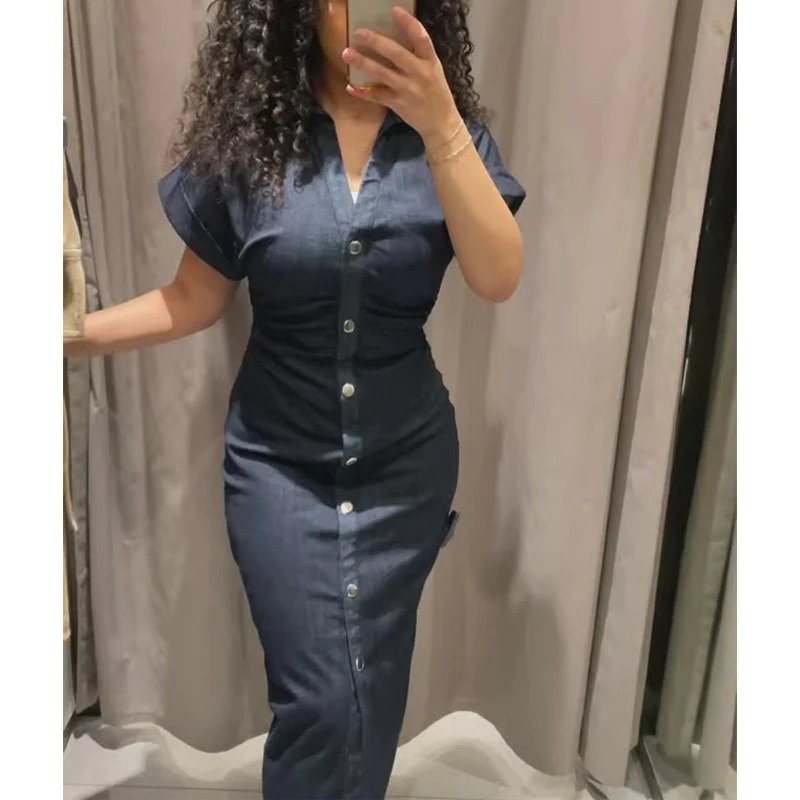 TRAF 2025 Denim Long Dress Woman Button Pleated Midi Dresses for Women Short Sleeve Jeans Womens Dress Spring Holiday Dresses 250421