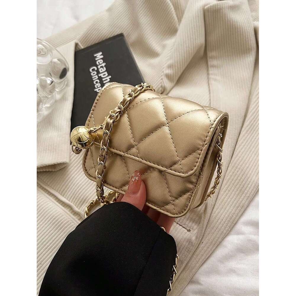Simple And Versatile Texture Mini With Gold Ball Chain Strap Shoulder Crossbody Purse Women's Bag