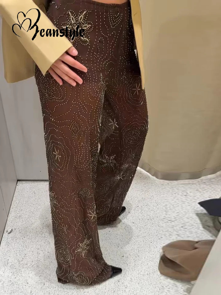 Sequeined Five pointed Star Pants Women Y2k Elastic Waist Wide Legs See Through Trouser Female Summer Womens Party Streetwear 250428