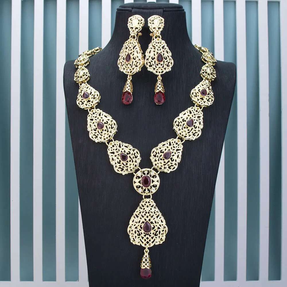 Sunspicems Chic Arabic Bridal Earring Necklace Morocco Wedding Jewelry Sets For Women Gold Color Hollow Water Droplets Pendant