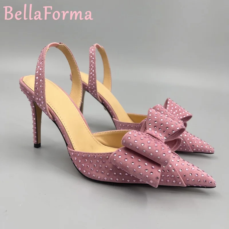 Double-layer Three-dimensional Bow Womens Sandals Banquet Wedding Elegant Sweet Sexy Velvet Mesh Rhinestone Pointed High Heels 250428