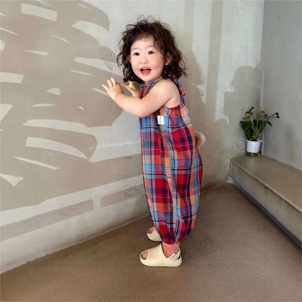 Korean Baby Internet Famous Checkered Jumpsuit Trendy Summer Style Children's Clothing Cute Rabbit Tail Girl Shoulder Strap