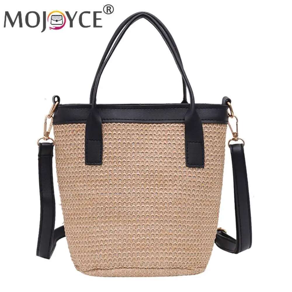 Women Fashion Bucket Straw Shoulder Bag PU Woven Totes Crossbody Handbags