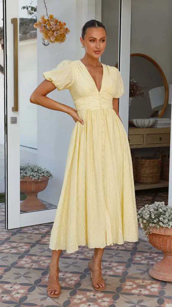 Summer New Fashion Womens Solid V-neck Puff Sleeve Button Office Party Dress Casual Elegant Womens Club Dress Vestidos W250430