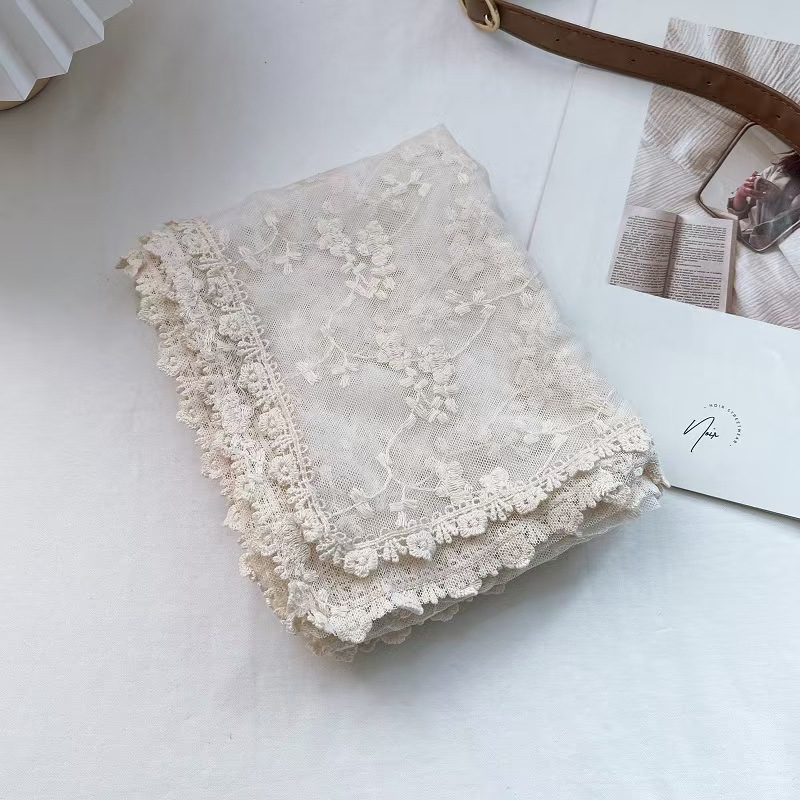 T602 retro hollow lace scarf female shawl silk scarf transparent white gauze scarf embroidery thin cotton and linen spring and autumn