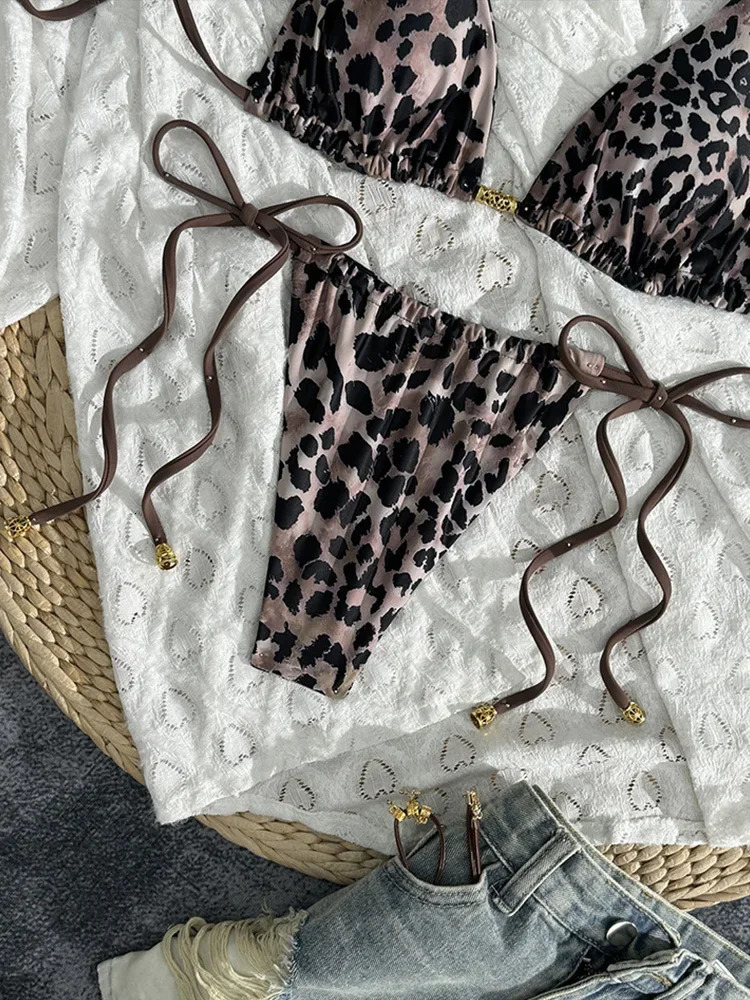 2025 Summer Swimwear Bikinis Set Sexy Laced Up Backless Leopard Bikini 2 Piece Set Women Split Waist Beach Vacation Bikini 250428