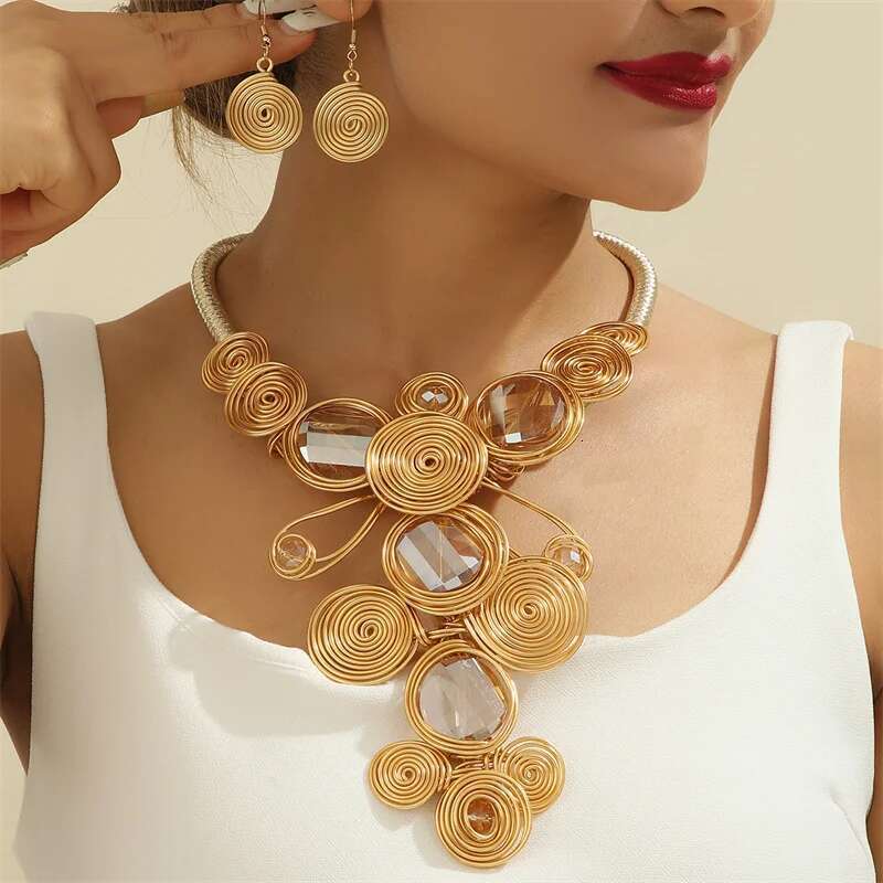 New Exaggerate Aluminium Flower Colorful Jewelry For Women African Bridal Necklace Earrings Set Party Jewellery Gifts