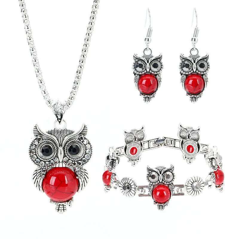 European And American Retro Set Ethnic Style Turquoise Owl Pendant Inlaid Earrings Necklace Bracelet Women's Jewelry
