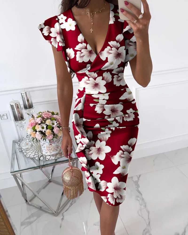 Ruffle floral print womens dress V-neck butterfly sleeves party mid length dress womens long robe W250430