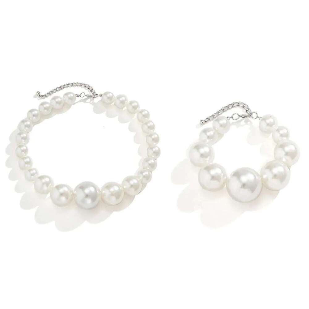 2Pcs Exaggerated Big Imitation Pearl Choker Necklace Bracelets For Women Wed Goth Bead Maxi Chain Grunge Jewelry Set Steampunk