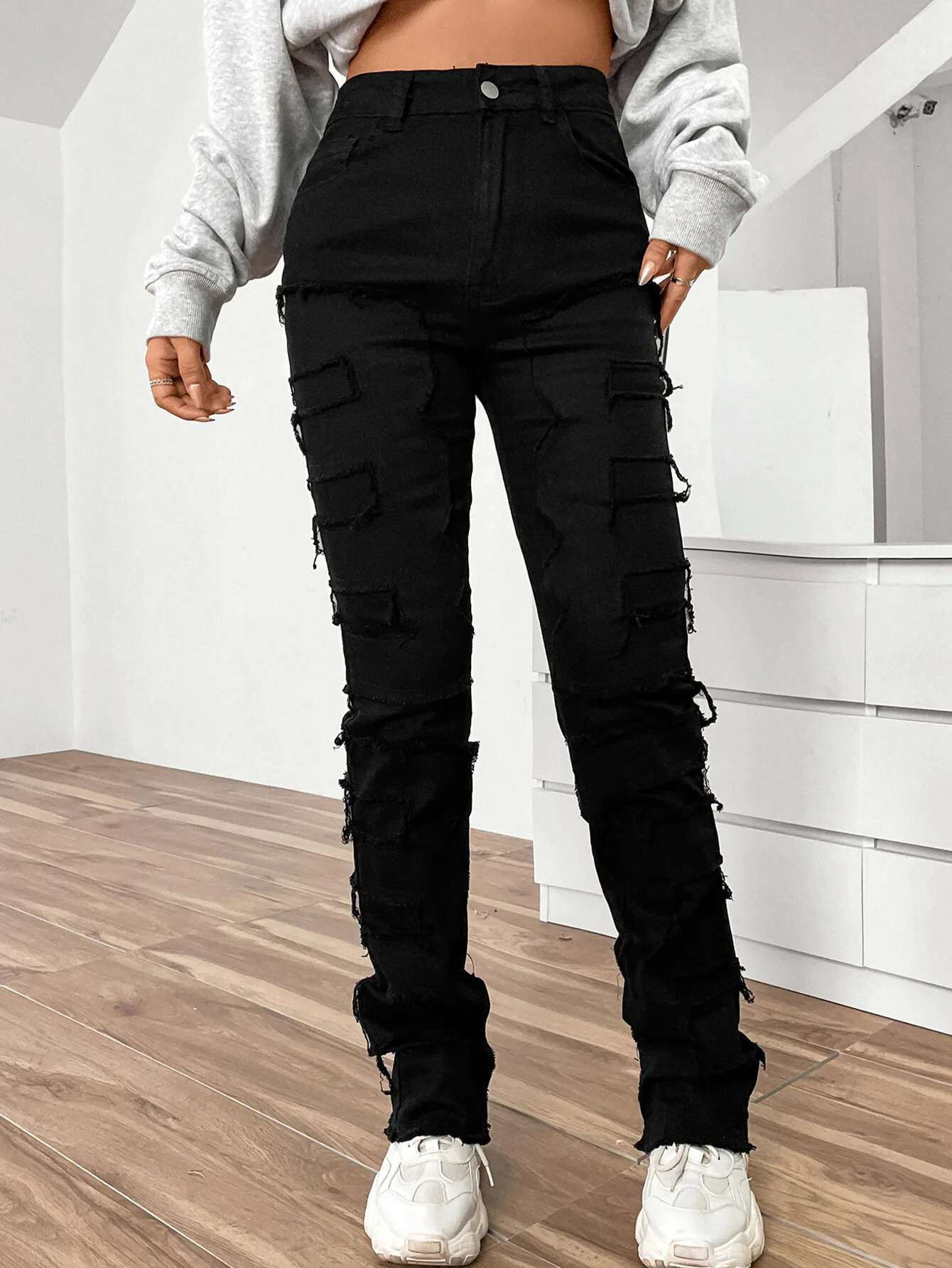 Women Jeans Denim Straight Pants Spliced Patchwork High Street Slim Fit Pockets Mid Waist Washing Zipper Slight Srech fashion