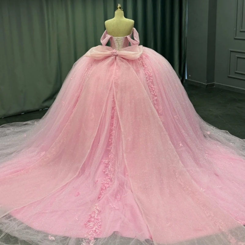 Pink Princess Quinceanera Dresses Off Shoulder Applique Beading Crystal Bow Tull Sweet 16 Dress Ball Gown Vestidos 15 Anos