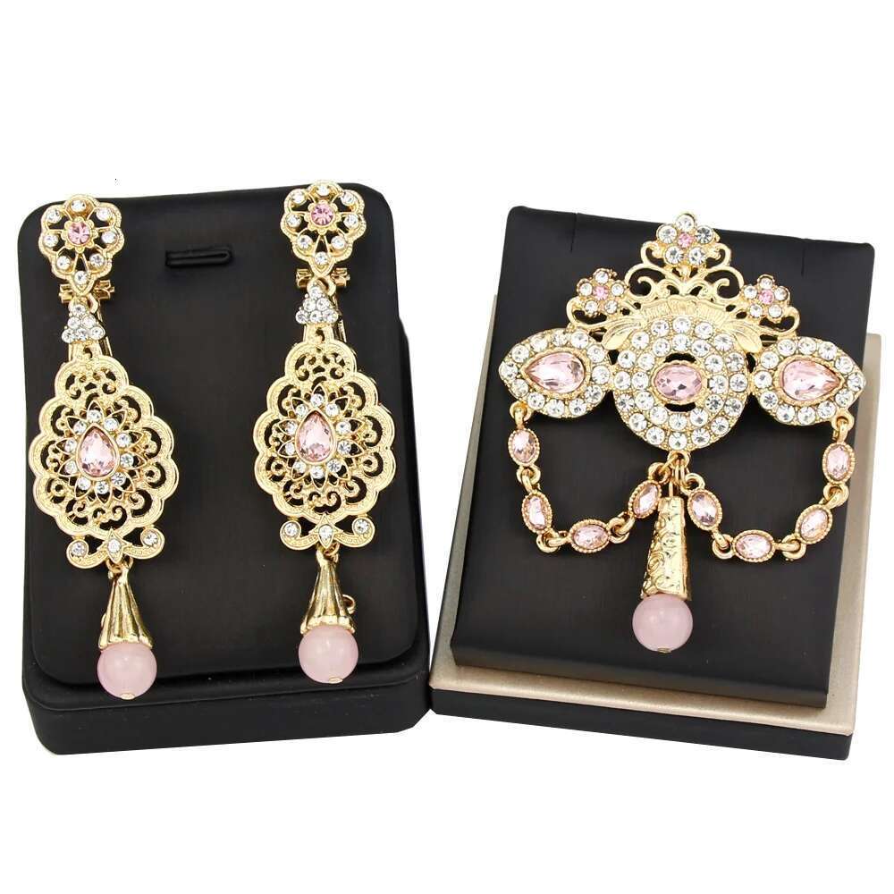 Neovisson Fashion Style Moroccan Brooch Earring Set For Delicate Women Gold Color Pink Blue Crystal Arabi Shining Bridal Gift