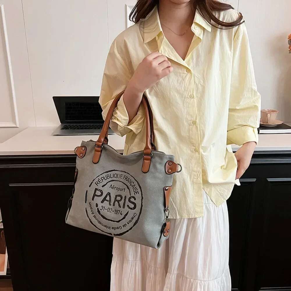 Large Retro Canvas Tote Adjustable Shoulder Strap Vintage Paris Stamp Print Stylish Crossbody Bag For Women Bag