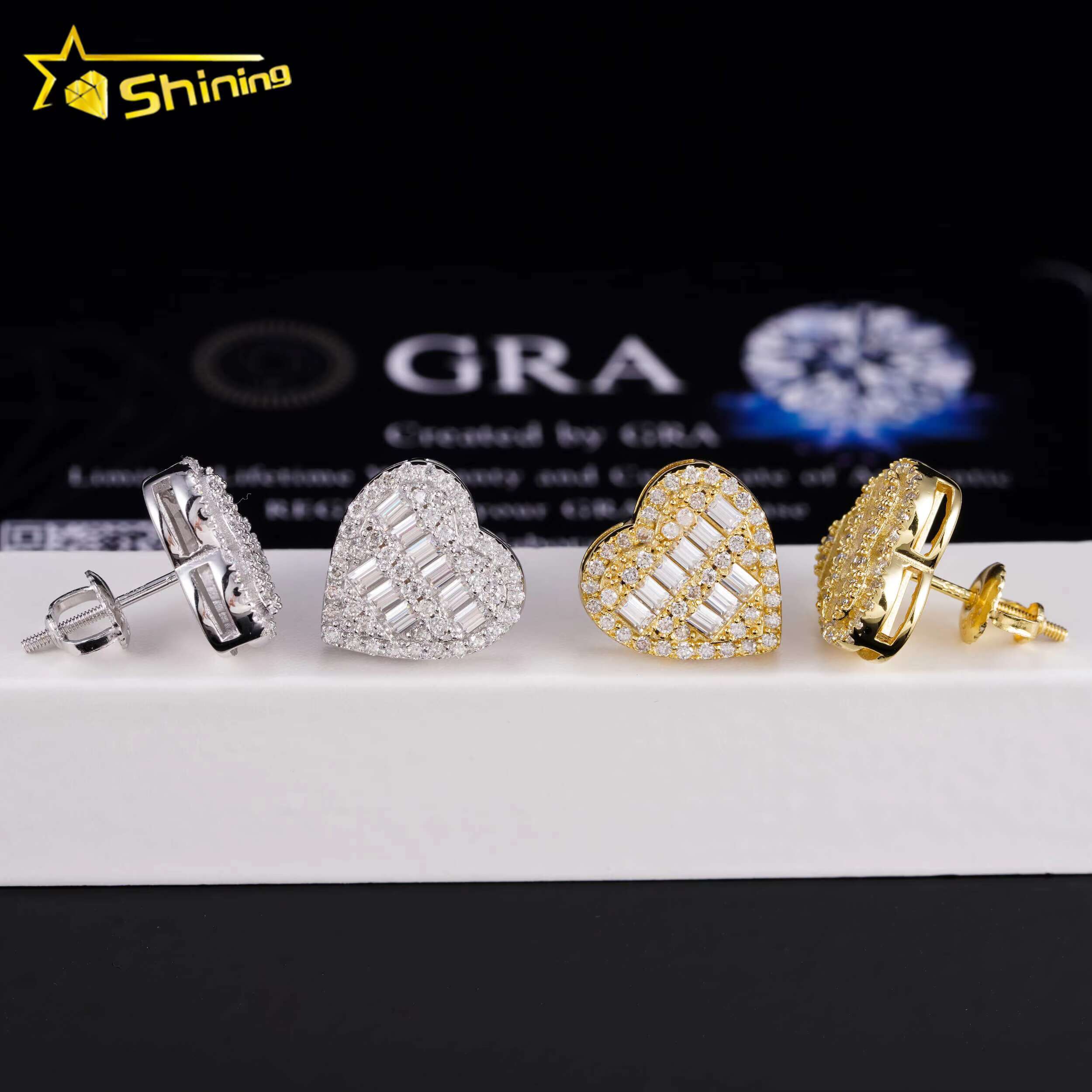 Baguette Moissanite Earring S925 14K Gold Plated Heart Shape Stud Screw Back Hot Sale Fashion Earring Jewelry