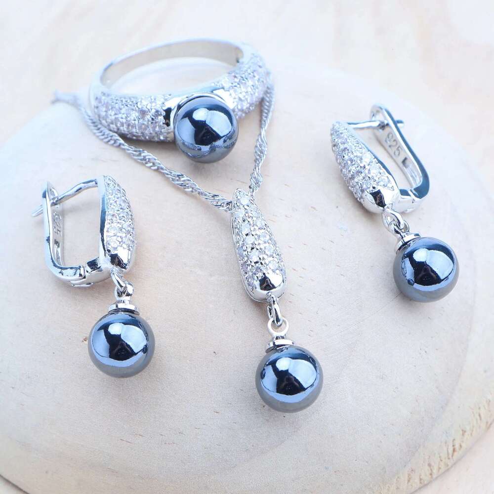 Sier Sets Bridal Black Pearls Natural White CZ Ring Bracelets Earrings Pendants Necklace Set Women Wedding Jewelry