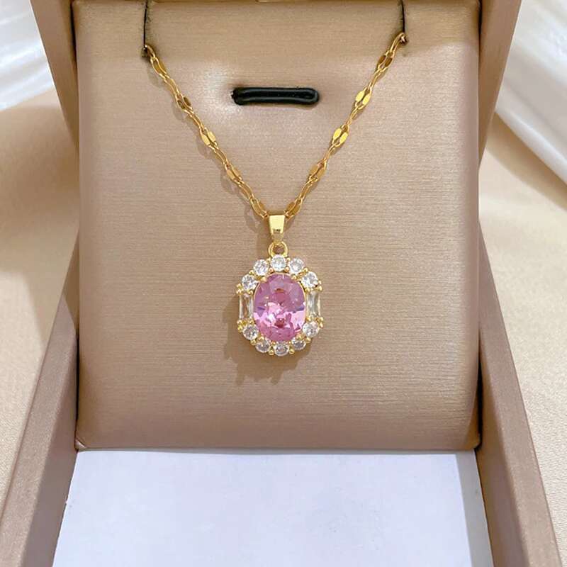304 Stainless Steel Chain Micro-Inlaid Pink Zircon Necklace Earrings Light Oval Crystal Pendant Charm Jewelry Set