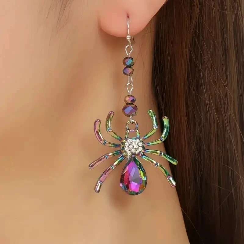 Colorful Spider Design Shiny Artificial Crystal Inlaid Dangle Party Punk Style Sier Color Jewelry Halloween Earrings