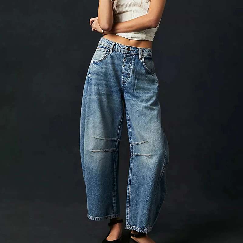 Wide Leg Woman Casual Loose Y2K Low Waist Pants Boyfriend Cropped Barrel Baggy With Pockets Denim Jeans
