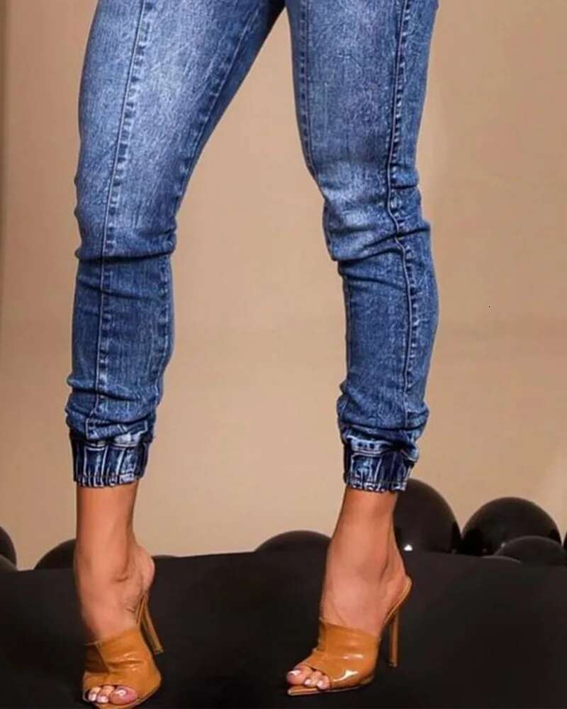 Women Jeans Elastic Waist Solid Color Pencil Pants Pockets Streetwear Casual Slim Fit High Street Flat Zipper summer Autumn