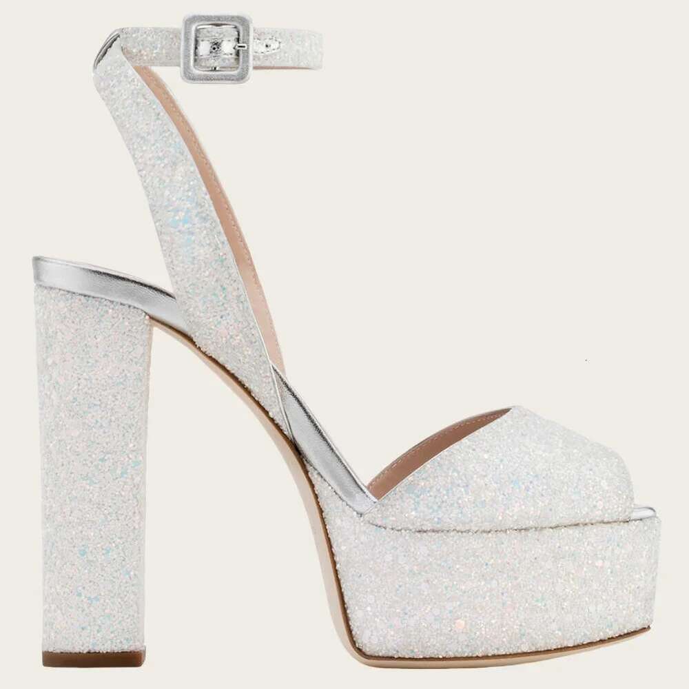 New Fashion Sequined Thick Soled Sandals Open Toe Block Heels Ankle Buckle Women's Party Dress Shoes