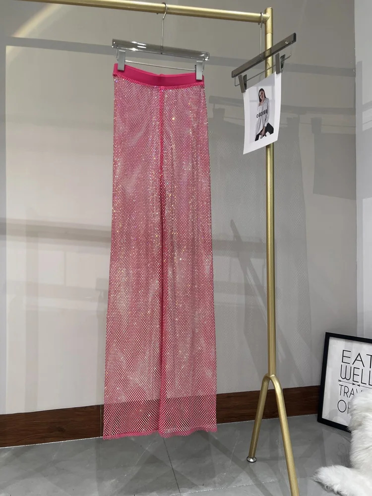 Summer Sexy Hollowed Out European and American Style AB Color Diamond Flash Grid Rhinestone Wide Leg Pants Nightclub 250428