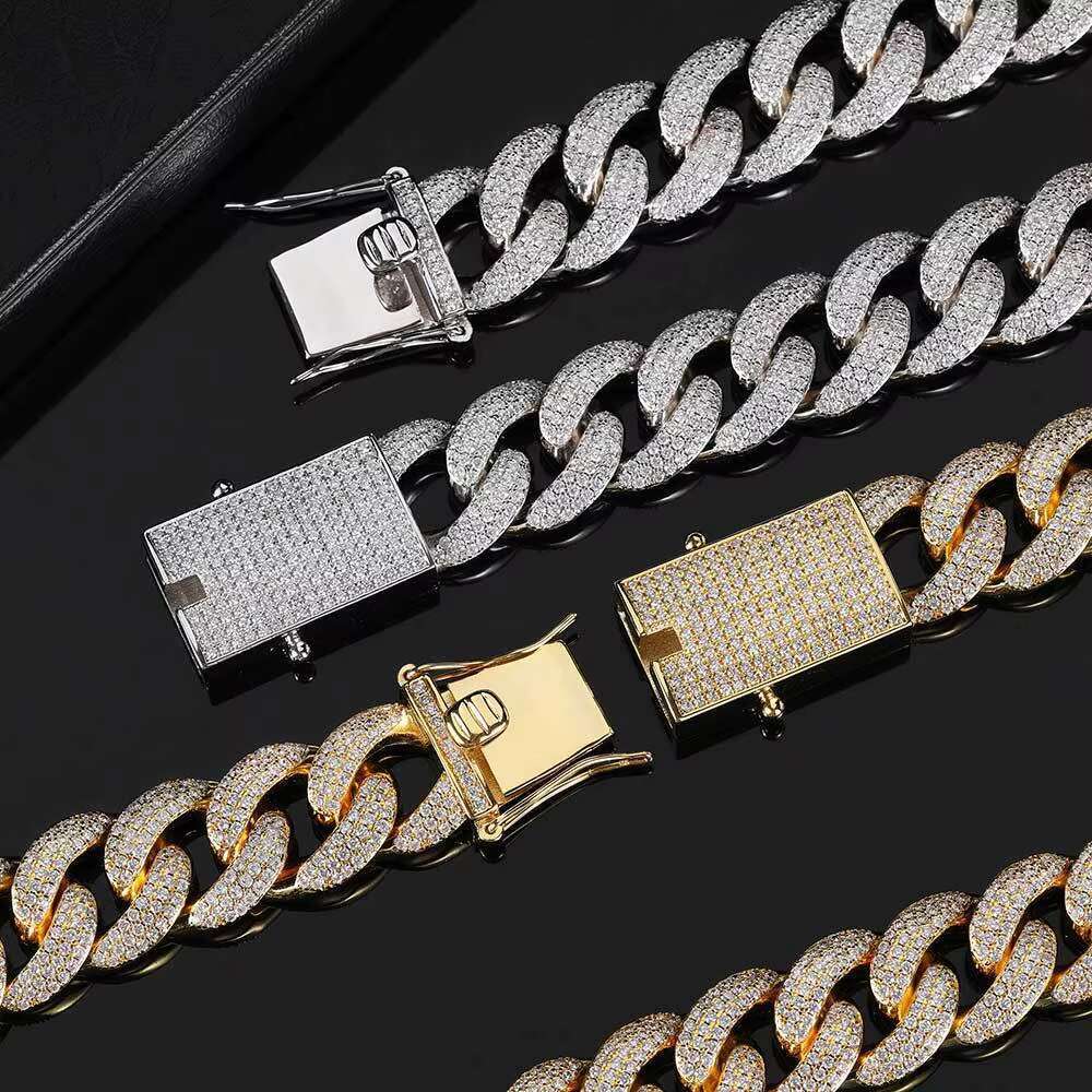 Hiphop Classic Iced Out Gold Plated Brass Cuban Link Chain with Moissanitefor Wedding Party Engagement or Anniversary Gift
