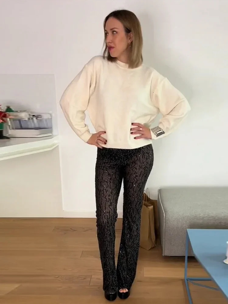 Chic Solid sequins straight leg Trouser fashion bead womens pants spring party club flash High Street 250428