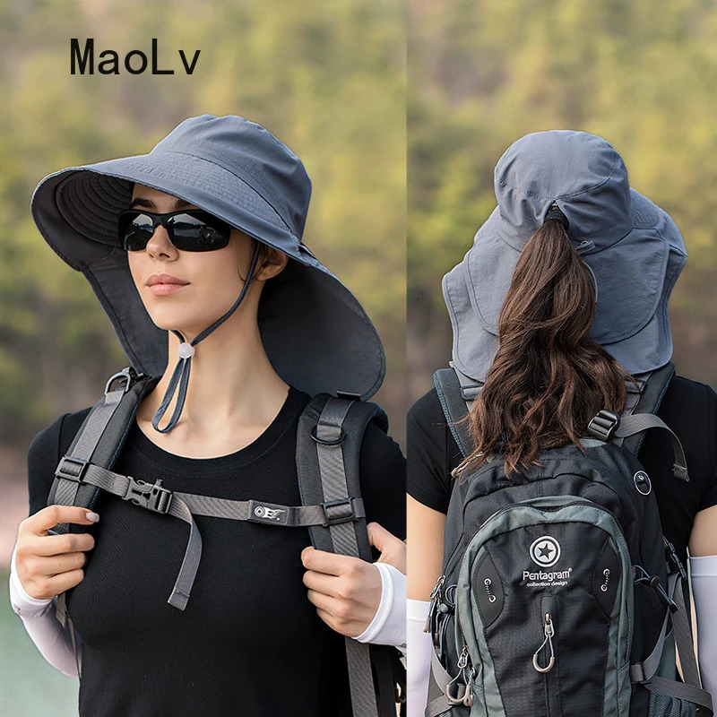 Summer Hat Women Outdoor UV Anti Neck Protection Sun Visor men Fishing Hiking Wide Brim Shawl Sunscreen Ponytail Cap undefine 250430