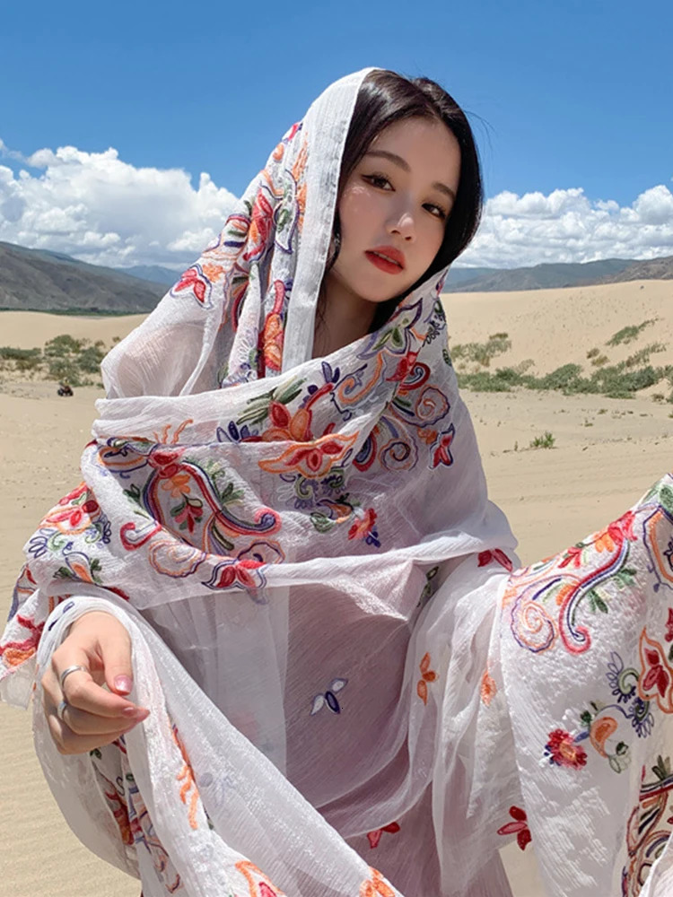 Summer Elegant Women Silk Scarf Beach Wrap Shawl Embroidered Floral Lady Sunscreen Bandana Hijab Mujer Bohemian Scarve Pareo 250430