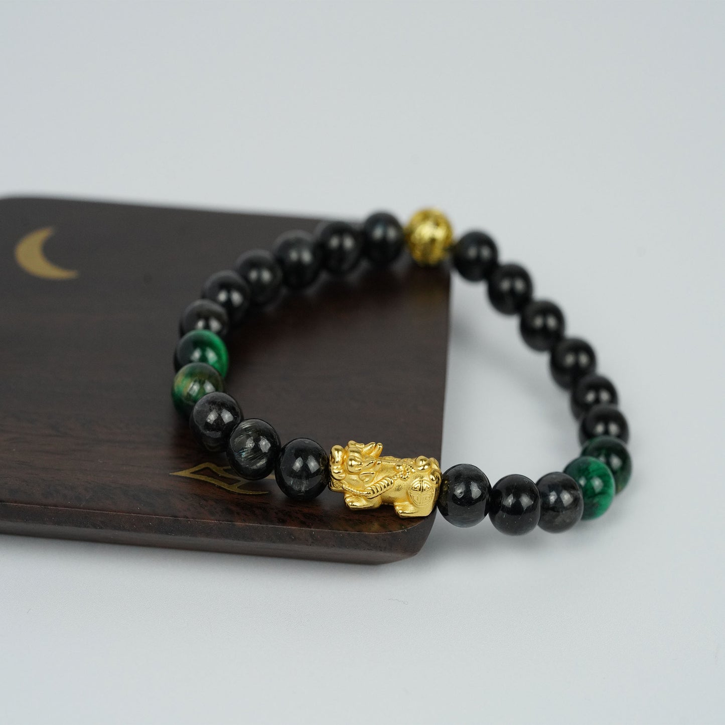Handcrafted Pi Xiu Protection Bracelet Black Obsidian & Green Crystal Energy Jewelry for Luck and Success