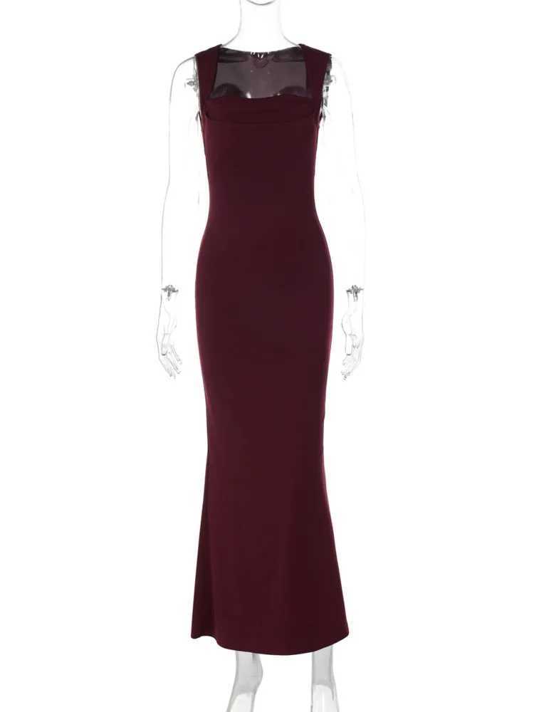Mozision Square collarless sexy womens long dress fashionable spring and summer new high waisted Bodycon club party long dress W250430
