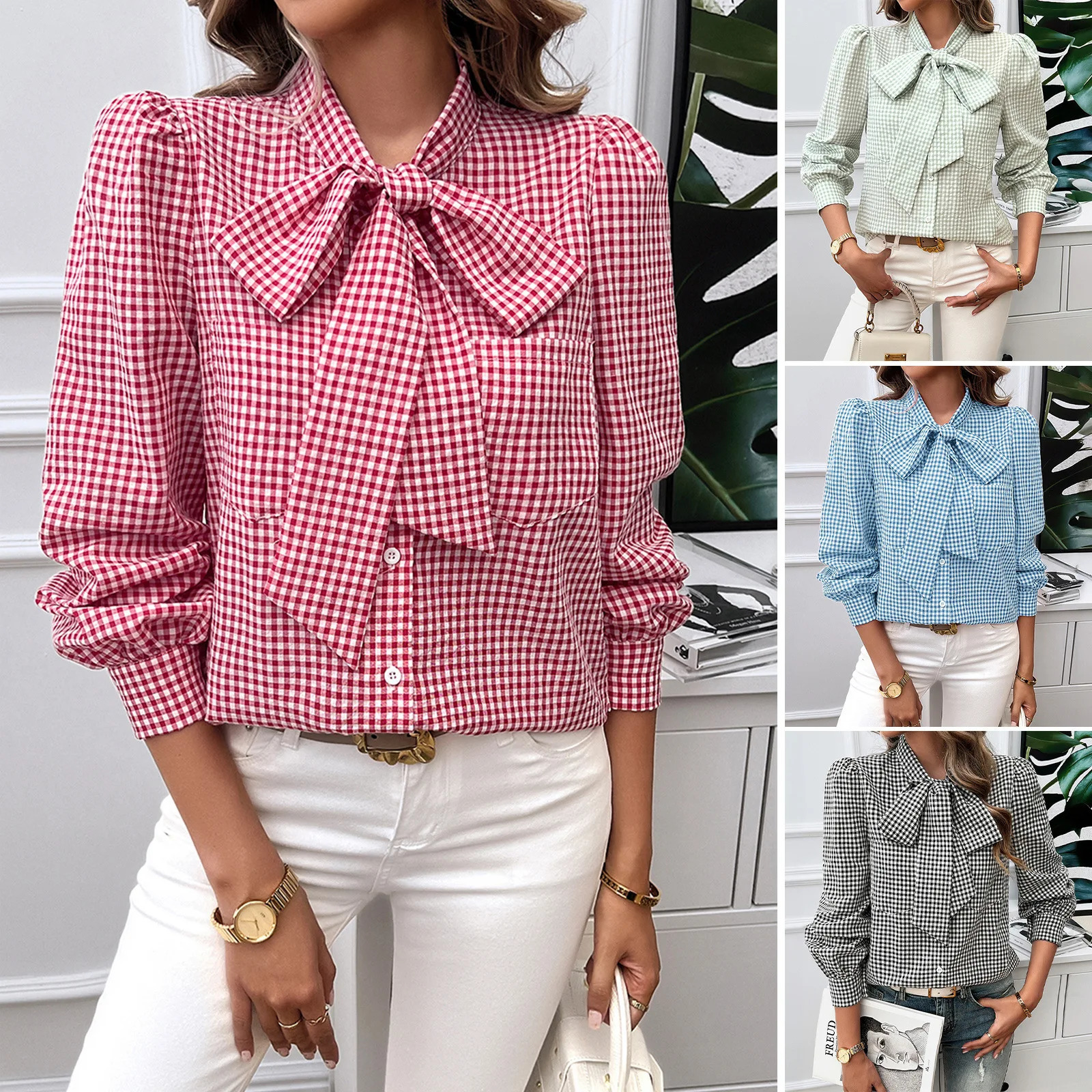 Phantasy retro womens shirt bow lace office top pocket casual checkered 2024 autumn streetwear 250422