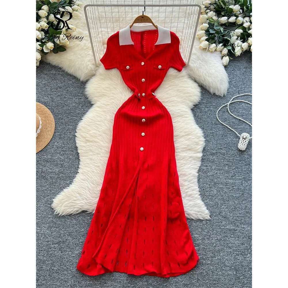 SINGREINY Senior Workwear Knitting 2025 Women Polo Collar Buttons Design Sundress Vintage Fashion Solid Split Long Dress