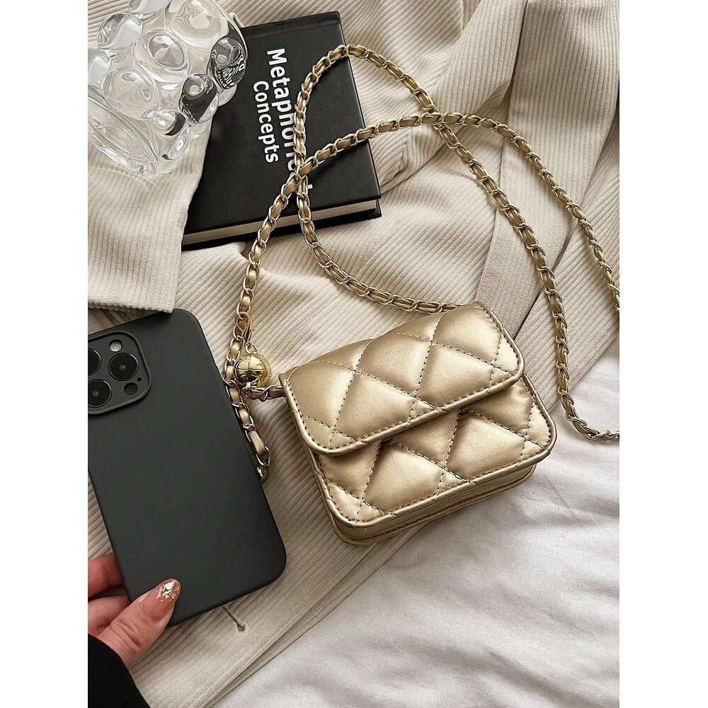 Simple And Versatile Texture Mini With Gold Ball Chain Strap Shoulder Crossbody Purse Women's Bag