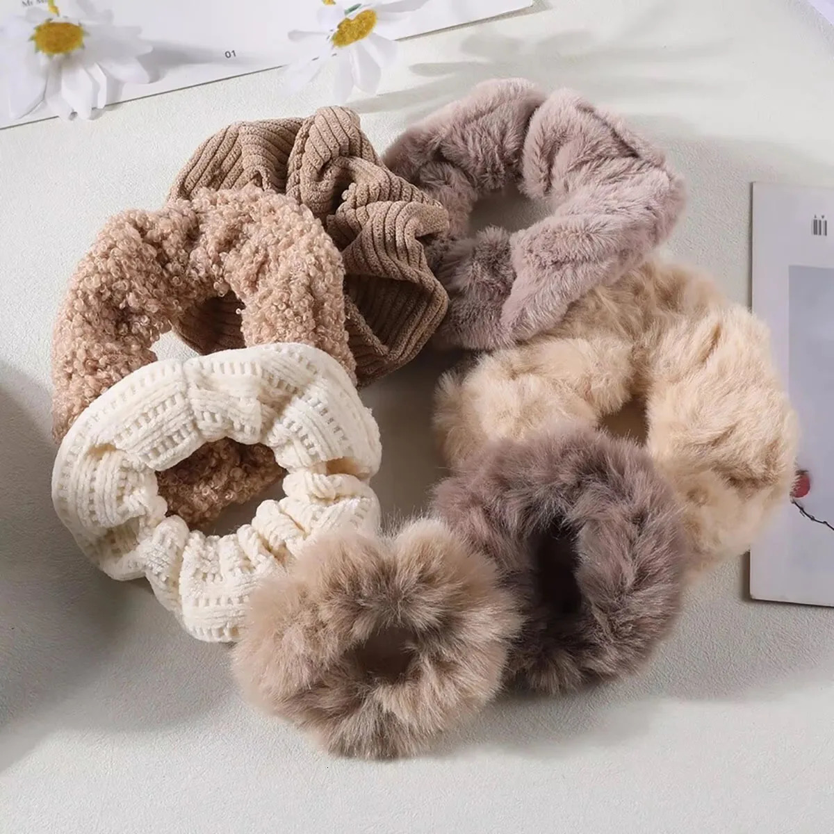 7-piece/set womens hair clip set with plush solid color headband suitable for girls ponytail holder rubber headband hair clip accessories 250430