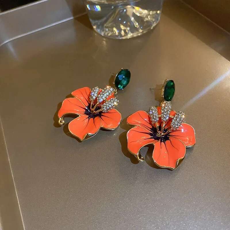 Korean Style Orange Enamel Flowers Drop For Women Girls Green Crystal Dangle Earrings Party Jewelry