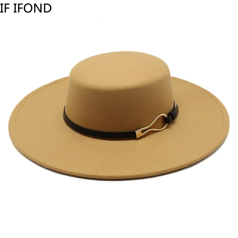Solid Color Wool Felt Fedoras Jazz Cap Winter Warm 10CM Wide Brim Flat Top Hats British Style Church Hats 250430